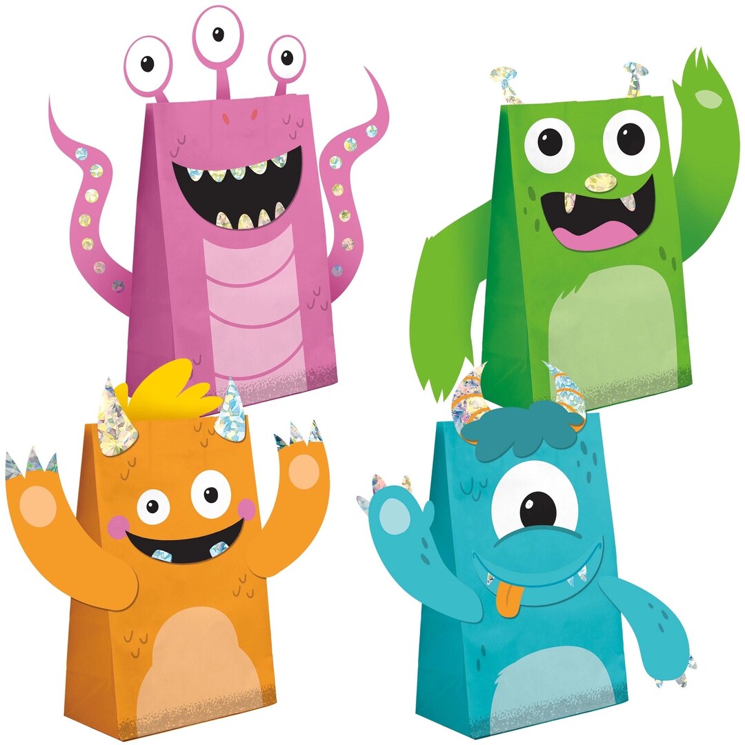 Monsters Treat Bags With Attachments, Set of 8, Monsters Birthday Party ...