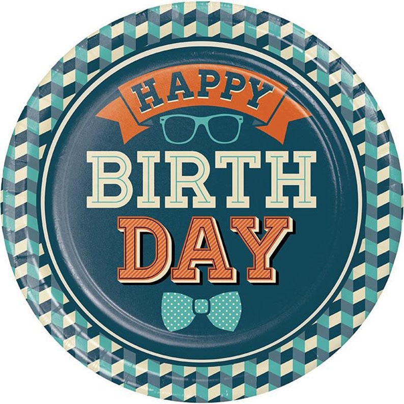 Set of 8 Hipster Party Hipster Happy Birthday 9\u201d Dinner Plates