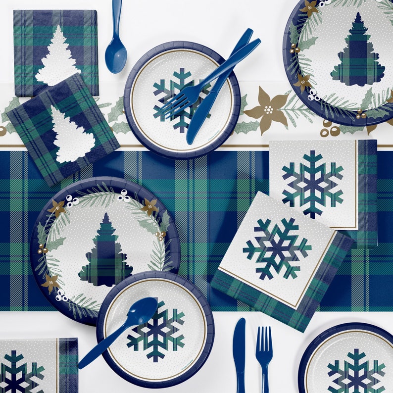 Holiday Tartan 7 Dessert Plates Navy and Green Plaid Set of Etsy