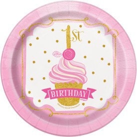 CLOSEOUT 50 OFF Pink and Gold 1st Birthday Dessert Plates Set of 8 Princess Birthday Cupcake Party