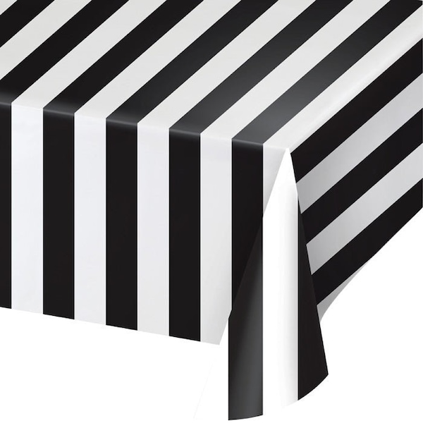 Black and White Striped Plastic Table Cover, 54”x 108”, Black and White Party, 1 Per Package