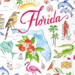 May include: White paper napkin with a watercolor design featuring the word "Florida" in pink script. The design includes illustrations of dolphins, flamingos, palm trees, and other Florida-themed imagery.