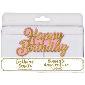 Pastel Pink and Gold Glitter Happy Birthday Candle