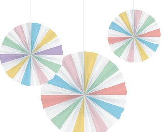 May include: Three pastel-colored paper fan decorations hanging from white strings. Each fan features alternating sections of pink, yellow, blue, green, and purple. These decorative fans are ideal for parties and celebrations.