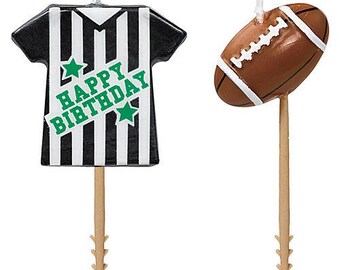 Football Birthday Candle Picks (1) Happy Birthday” referee candle, 3in (5) Football candle, 2 1/4in