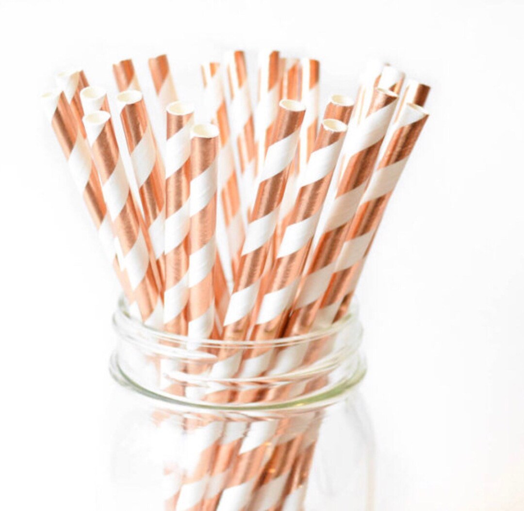 Rose Gold Metallic Striped Paper Straws, Pack of 25, Prince or Princess ...
