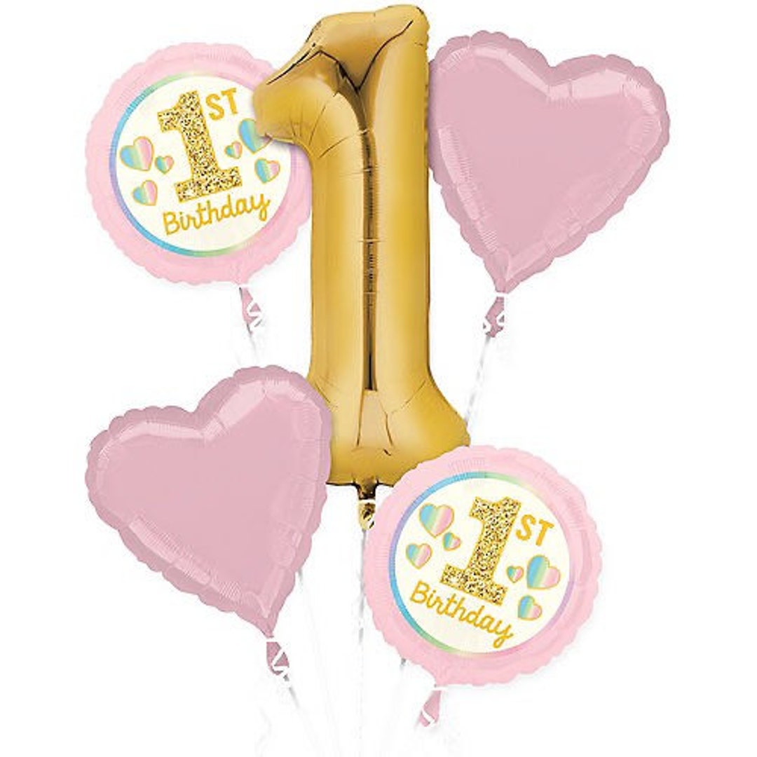 Pink and Gold Girl 1st Birthday Balloon Bouquet, Set of 5 Balloons -   Israel