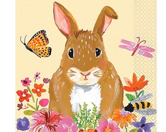 Floral Easter Bunny Luncheon Napkins, Easter Napkins, Rabbit Napkins, Set of 16
