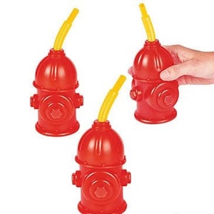 Fire Hydrant Plastic Cups with Straw, Sold Individually, Fireman Party Favors, Fireman Theme Birthday Party, Fireman Party