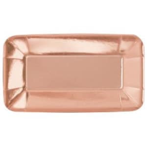 May include: A rectangular, rose gold paper plate with a shiny metallic finish. The plate has a raised, rectangular center and a folded, ridged border. Perfect for serving appetizers or desserts at a party.