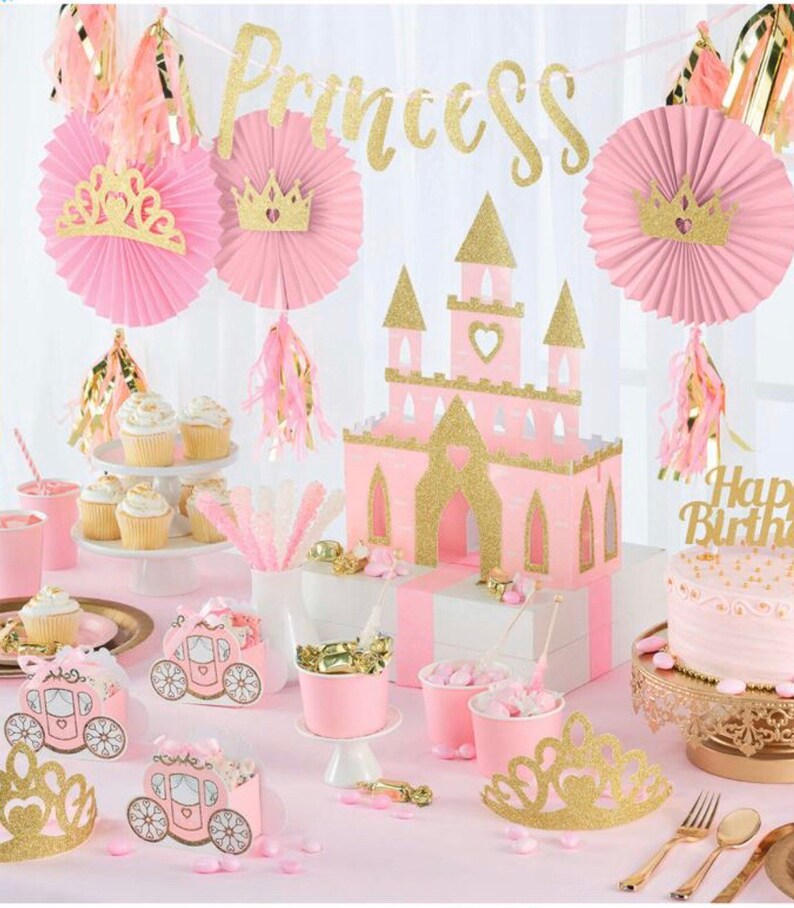 Gold Glitter Princess Crown Hanging Paper Fan Decor With Pink and Gold