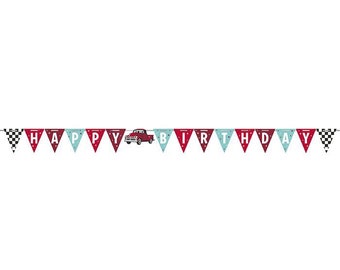 Vintage Red Truck Happy Birthday Banner, 5.5 feet long, Red Truck Farm Party