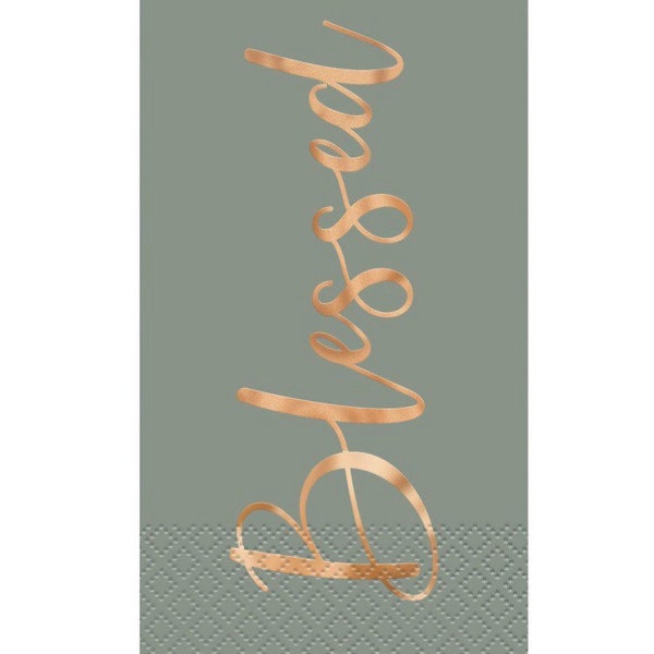 May include: A rectangular design with the word "Blessed" in elegant gold script. The background is a muted green-gray, with a textured pattern at the bottom. The overall aesthetic is simple and sophisticated.