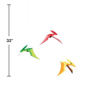 May include: Three colourful pterodactyl mobiles, each suspended by a thin string. The mobiles are in shades of red, green, and yellow, with a total height of 81 cm.