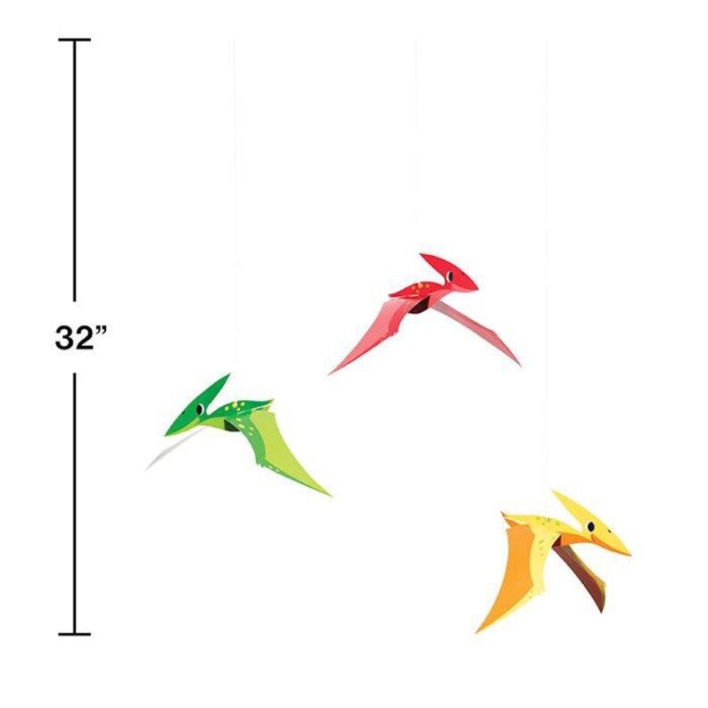 May include: Three colourful pterodactyl mobiles, each suspended by a thin string. The mobiles are in shades of red, green, and yellow, with a total height of 81 cm.
