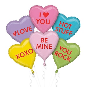 Conversation Hearts Balloon Bouquet, Set of 6, Candy Heart Valentine Balloons