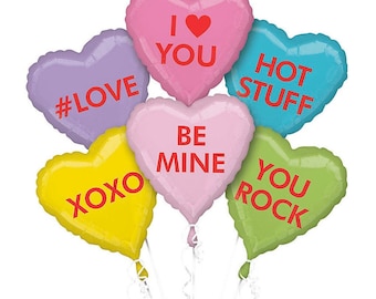 Conversation Hearts Balloon Bouquet, Set of 6, Candy Heart Valentine Balloons