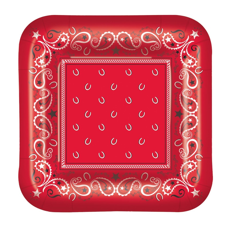 Bandana Print 9 Square Dinner Plates Set of 8 Cowboy or Cowgirl Birthday Party Cowboy Balloon Farm Animal Party