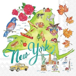 May include: Watercolor illustration of New York State with iconic symbols. Features a bluebird, red roses, a yellow taxi, the Statue of Liberty, and the words "New York" in teal script. Includes a hot dog, apple, and fall leaves.