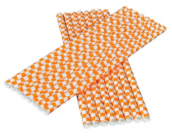 Orange and White Checkerboard Paper Straws, Set of 16, Football Party