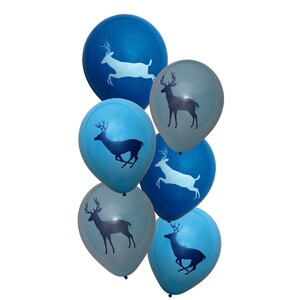 May include: A collection of blue balloons in various shades, each adorned with a silhouette of a deer. Some deer are depicted standing, while others are in mid-leap. The balloons are suitable for a party or event.