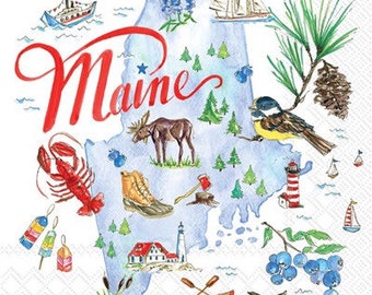 Maine Cocktail Napkins, Set of 20,State of Maine Napkins, 5”x5” 3ply, Rosanne Beck Collection