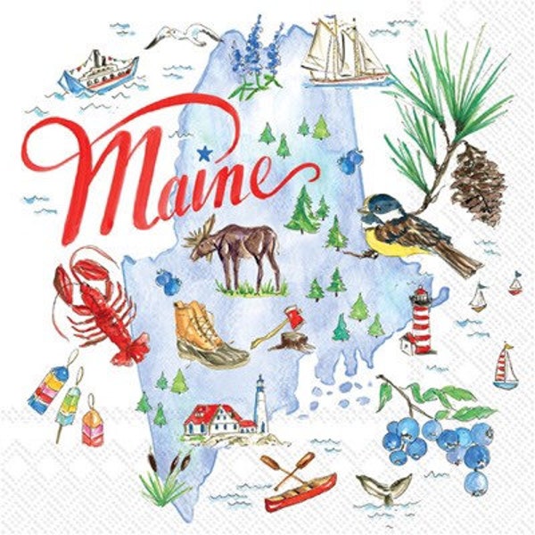 Maine Cocktail Napkins, Set of 20,State of Maine Napkins, 5”x5” 3ply, Rosanne Beck Collection