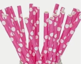 Hot Pink with White Dots Paper Straws, Pack of 24, Princess Birthday Party, First Birthday Party, Bridal Shower Decor