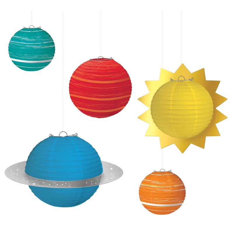 321 Blastoff Planet Paper Lanterns Birthday Party Hanging Decor 5 piece set Space Party Rocket Party