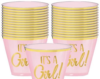 It’s A Girl Plastic Cups, 9oz, 30ct, OH Baby Girl Shower Cups, Translucent Pink