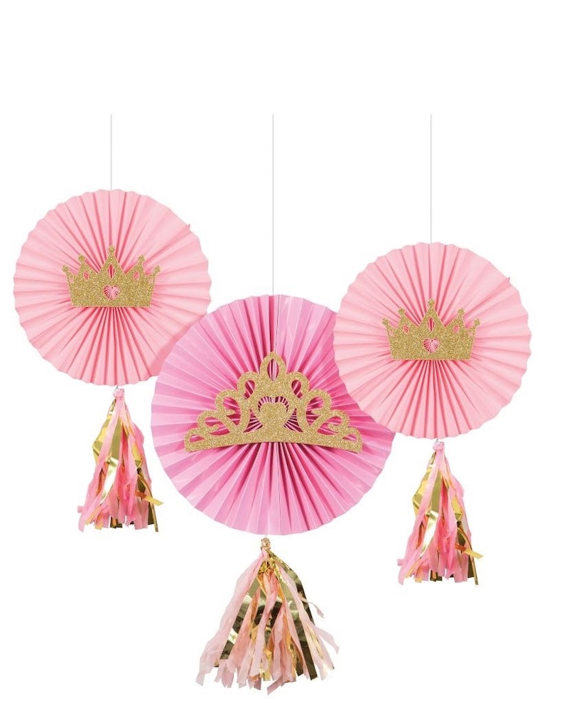 Gold Glitter Princess Crown Hanging Paper Fan Decor With Pink and Gold