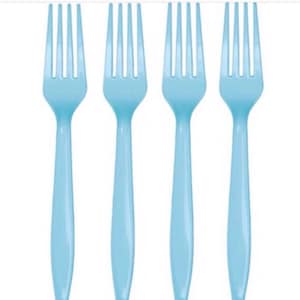 May include: Four light blue plastic forks arranged vertically against a white background. Each fork has four tines and a long, slender handle. The forks are evenly spaced and appear to be new.