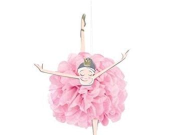 Ballerina Tissue Pom Pom Hanging Decorations,Pink & Gold, 3 Pcs. Ballerina Birthday