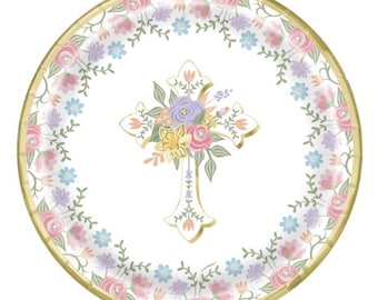 Floral Cross 9” Dinner Plates, Baptism, Easter Plates, Set of 8