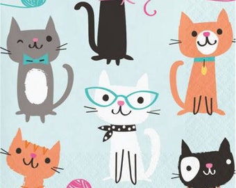 Cat Beverage Napkins, Cat Party, Kitten Party, Set of 16 napkins