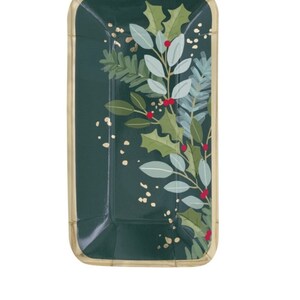 May include: Rectangular dark green serving tray with a gold rim. The tray is decorated with a botanical design of green leaves, red berries, and gold accents. The design is centered on the tray, creating a festive look.