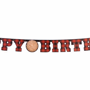 Buffalo Plaid Lumberjack Happy Birthday Banner, Buffalo Plaid Party, Outdoor Theme Party