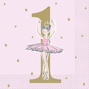 May include: Pink and gold birthday napkin featuring a ballerina illustration. The ballerina is wearing a pink tutu and a crown, standing in front of a gold number 1. Gold stars are scattered across the pink background.