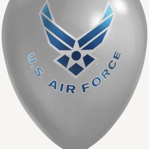 May include: A silver balloon with the U.S. Air Force logo in blue. The logo features a stylized emblem and the words "U.S. AIR FORCE" in blue. The balloon is inflated and ready for use.