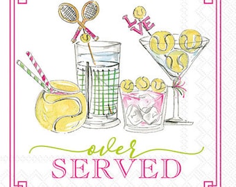 May include: A square, white napkin with a pink border features watercolor illustrations of tennis-themed cocktails. The image includes a martini glass, a highball glass, and a rocks glass, all adorned with tennis balls. The text "over SERVED" is written in green and pink.