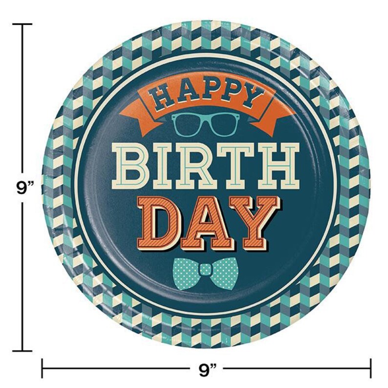 Set of 8 Hipster Party Hipster Happy Birthday 9\u201d Dinner Plates