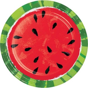 May include: A round paper plate with a watermelon design. The center of the plate is red with black seeds, mimicking a watermelon slice. The border is green with a checkered pattern, resembling the rind.