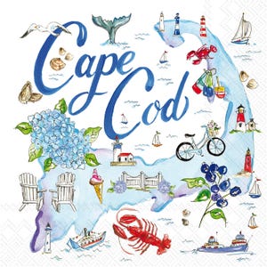 May include: Watercolor illustration of Cape Cod with blue lettering and a map outline. Features include a whale tail, lighthouses, sailboats, a lobster, hydrangeas, a bicycle, and an ice cream cone. The overall theme is coastal and nautical.