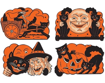 May include: Four vintage Halloween cutouts. The images feature a witch in a cart pulled by a black cat, a smiling moon with two black cats, a witch with a black cat, and a jack-o'-lantern with two black cats. The cutouts are orange and black.