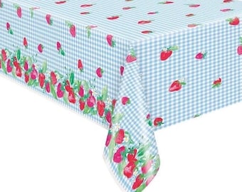 Sweet Strawberry Plastic Tablecover, Measures 54”x84”,  Summer Birthday Party, Baby Shower
