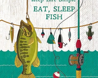 Eat, Sleep, Fish Beverage Napkins, Set of 20 Napkins, Fish Tableware, Retirement Party