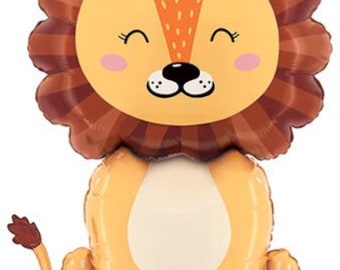 May include: A cheerful lion-shaped balloon in shades of yellow, brown, and orange. The balloon features a smiling lion face with closed eyes, a brown mane, and a tail. The balloon is designed for a party or celebration.