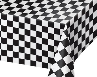 Black and White Check Table Cover, 54” x 108”, Racing Party, Plastic