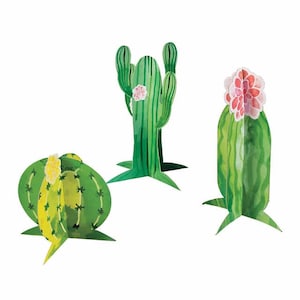 May include: Three watercolor cactus decorations in shades of green and yellow. One is round with a yellow flower, another is tall with a pink flower, and the third is a multi-stemmed cactus with a pink flower. All have a 3D design.