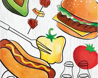 May include: Watercolor illustration of barbecue food items including a hamburger, hot dog, avocado, pepper, tomato, and skewers. Also includes salt and pepper shakers. The image has a white background with a wood grain texture.